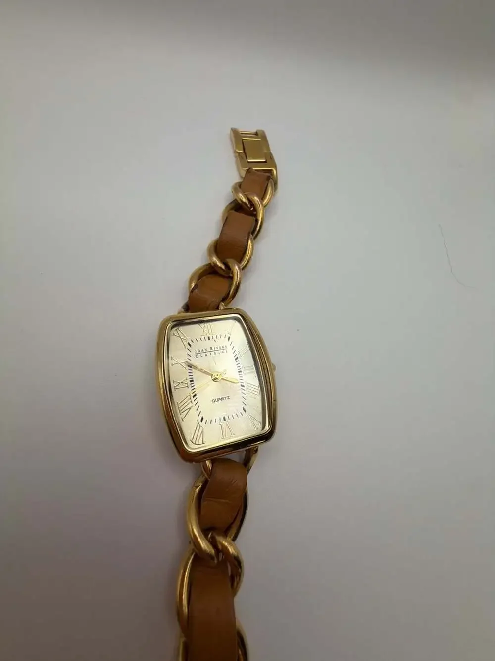 Joan Rivers Classics Collection Gold Tone Tonneau Quartz Watch with Tan Leather